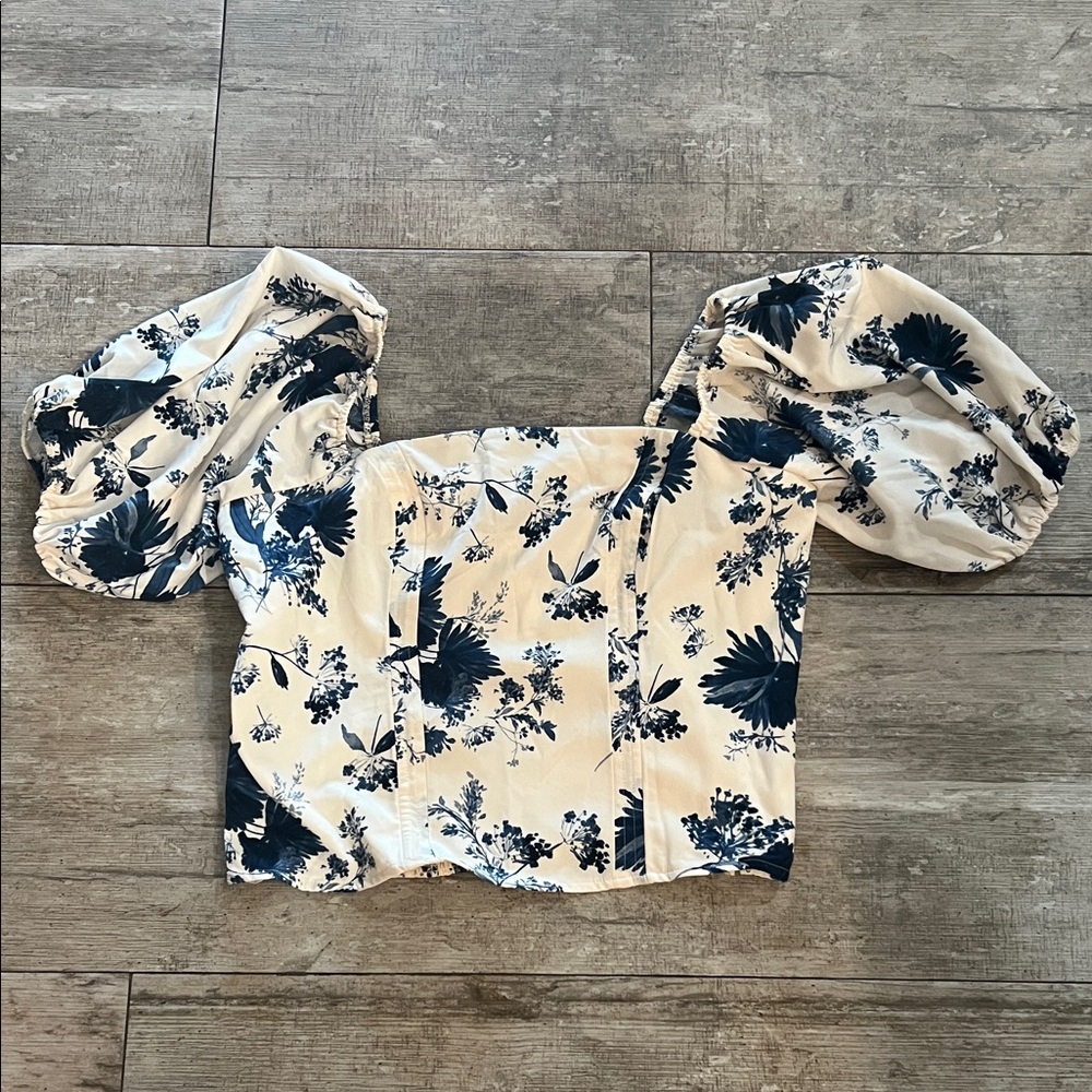 Abercrombie & Fitch Floral Puff Sleeve Blouse - Cream and Blue